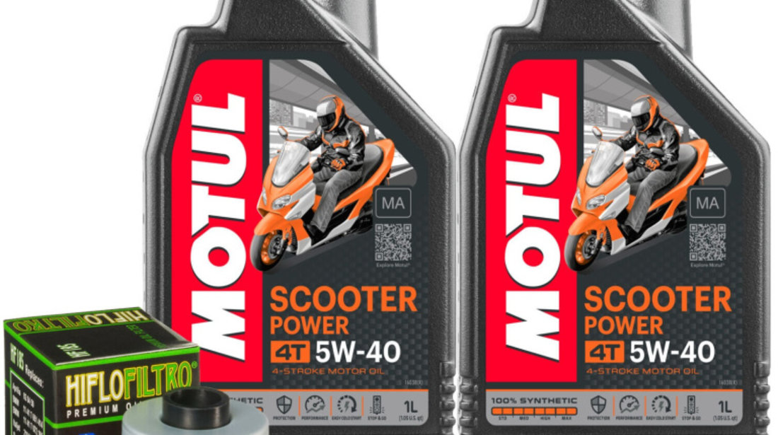 Set 2 Buc Ulei Motor Motul 4T Scooter Power 5W-40 1L 105958 + Filtru Ulei Moto / Scuter Hiflofiltro HF185