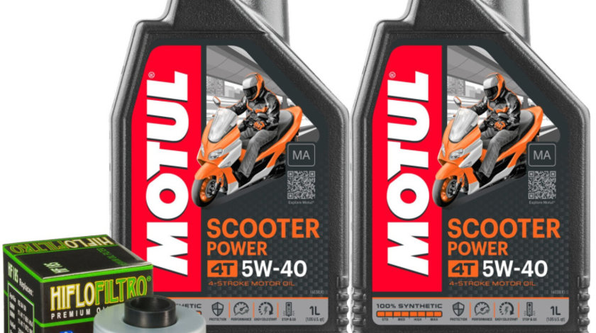 Set 2 Buc Ulei Motor Motul 4T Scooter Power 5W-40 1L 105958 + Filtru Ulei Moto / Scuter Hiflofiltro HF185