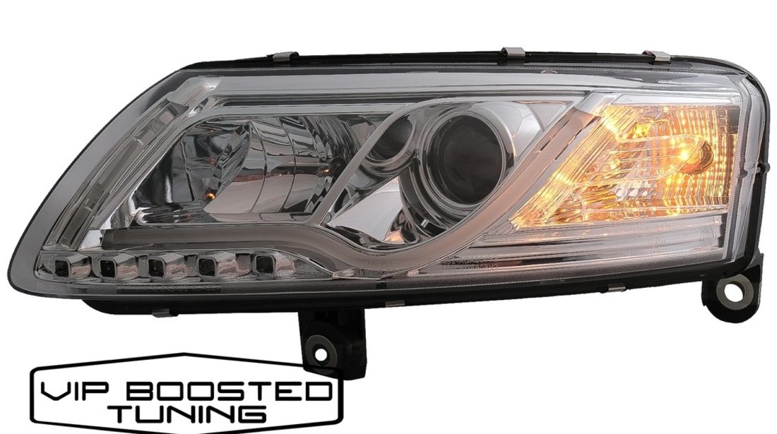 Set 2 faruri cu lupa / lupe +DRL led Audi A6 C6 4F (2004-2007) Crom