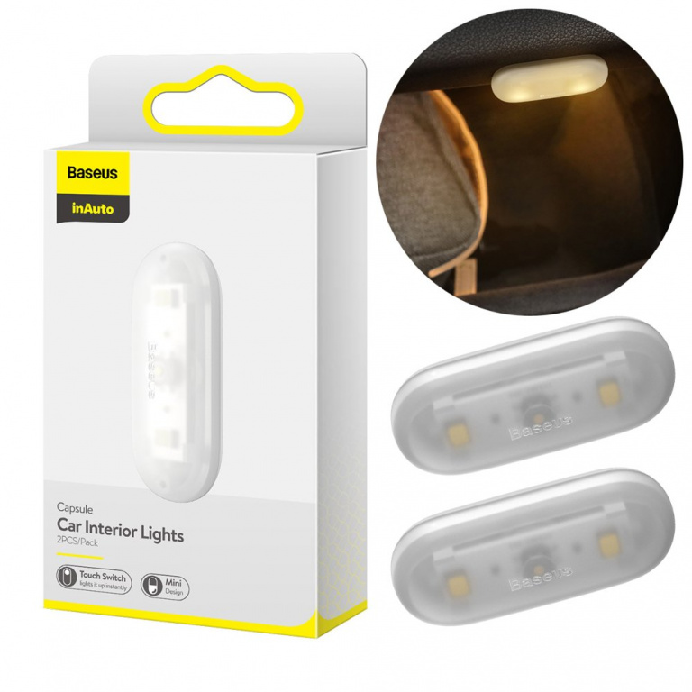 Set 2 Lampi Auto Pentru Interior, Baseus, Capsule, Control Tactil, Durata De Viata Baterie 365 Zile Baseus Alb DGXW-02