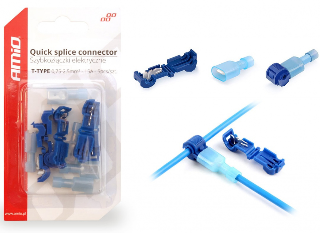 Set 5 Buc Conector De Conectare Rapidă Tip T 0,75-2,5mm2 15A Albastru Blister Amio 02344