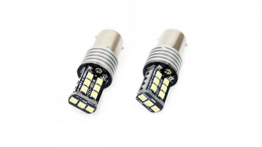 Set becuri auto cu LED CANBUS P21W BA15S 15 SMD 7.5W Alb 12/24V AVX-AM01293