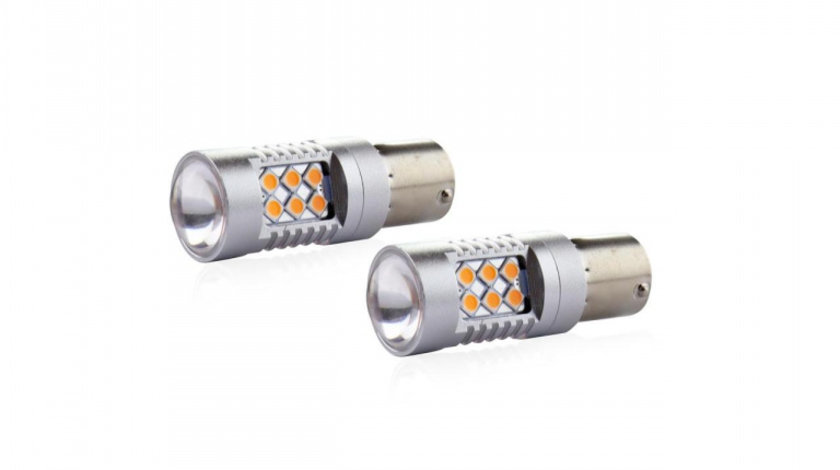 Set becuri auto cu LED CANBUS P21W BA15S 24 SMD 6.2W Orange 12/24V AVX-AM02580