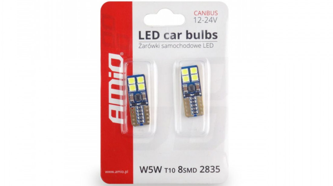 Set becuri auto cu LED CANBUS T10e W5W 8 SMD Alb 12/24V AVX-AM01635