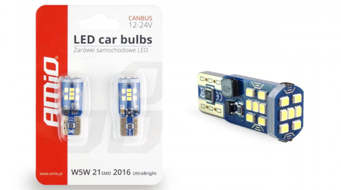 Set becuri auto cu LED CANBUS UltraBright T10 W5W 21 SMD Alb 12V/24V AVX-AM02445