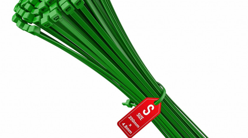 Set De 100 Buc Soricei - Coliere De Plastic, Fasete, Bride Pentru Gradina 200 Mm X 4.8 Mm, Din Poliamida 6.6 (Pa66), Intervisio, Culoare Verde 52522