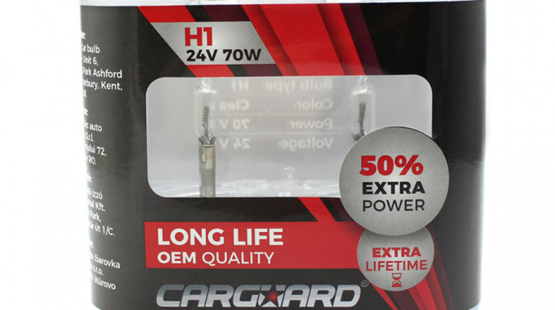 Set de 2 becuri Halogen 24V - H1, 70W, +50% Intensitate - LONG LIFE - CARGUARD BHA041