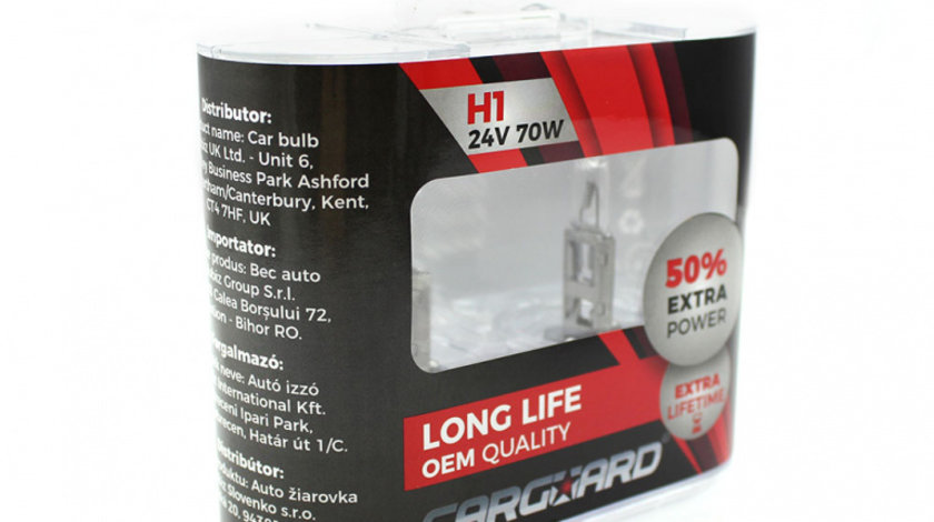 Set de 2 becuri Halogen 24V - H1, 70W, +50% Intensitate - LONG LIFE - CARGUARD BHA041