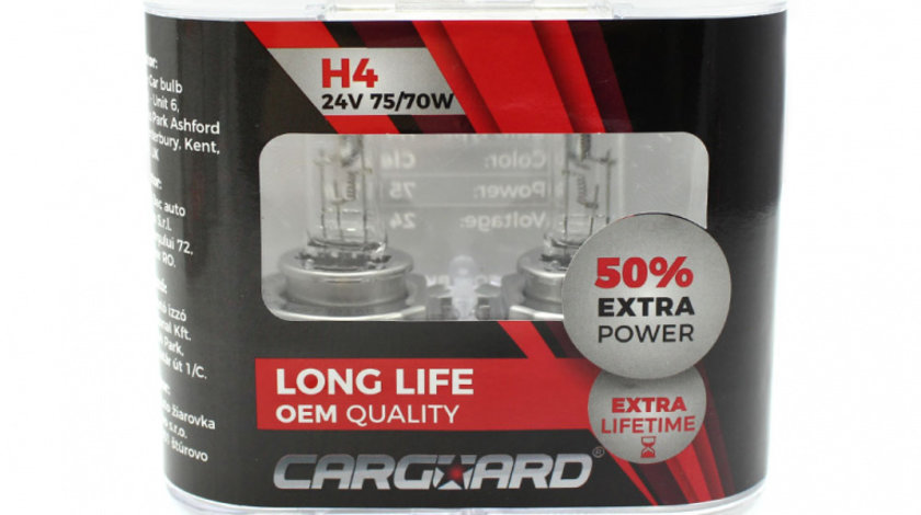 Set de 2 becuri Halogen 24V - H4, 70W, +50% Intensitate - LONG LIFE - CARGUARD BHA043