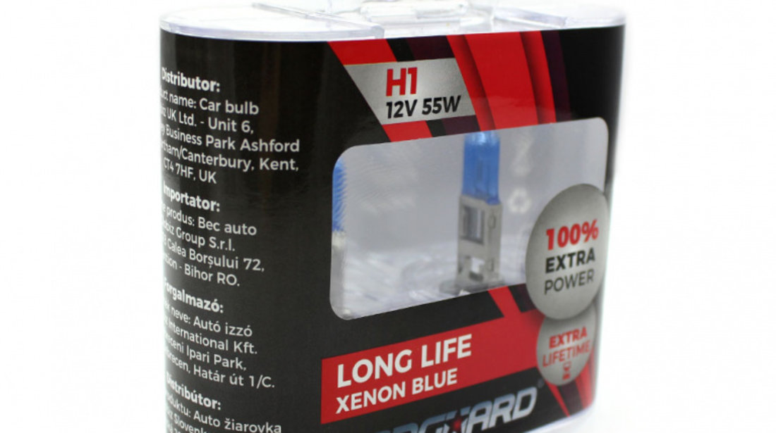 Set de 2 becuri Halogen H1 +100% Intensitate - LONG LIFE - CARGUARD BHA021