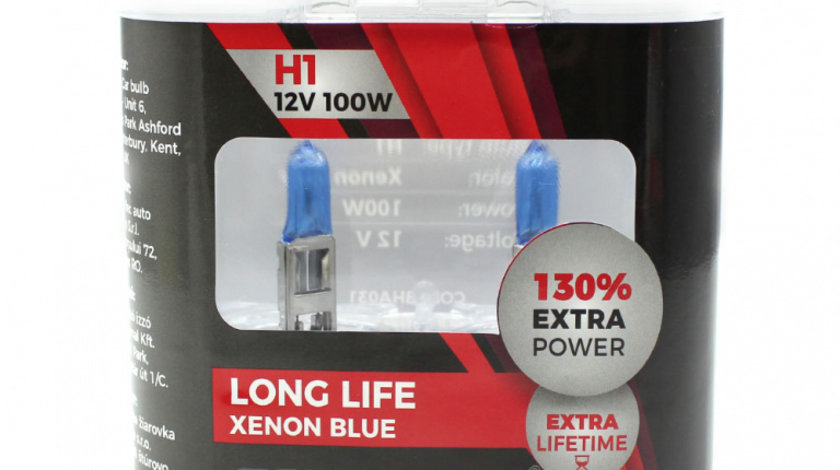 Set de 2 becuri Halogen H1, 100W +130% Intensitate - LONG LIFE - CARGUARD BHA031