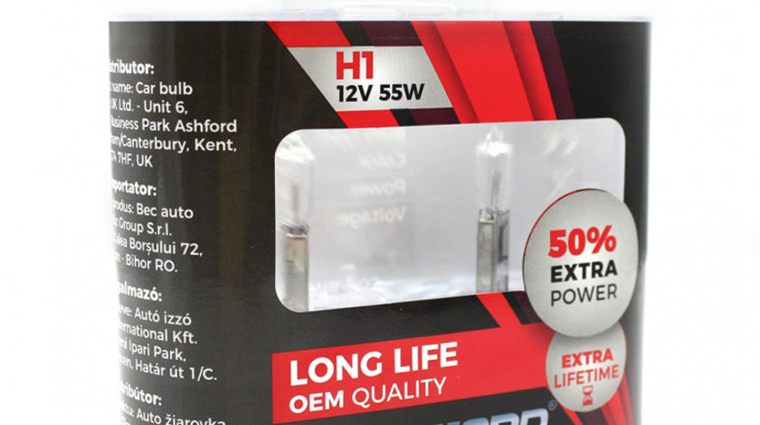 Set de 2 becuri Halogen H1, 55W, +50% Intensitate - LONG LIFE - CARGUARD BHA011