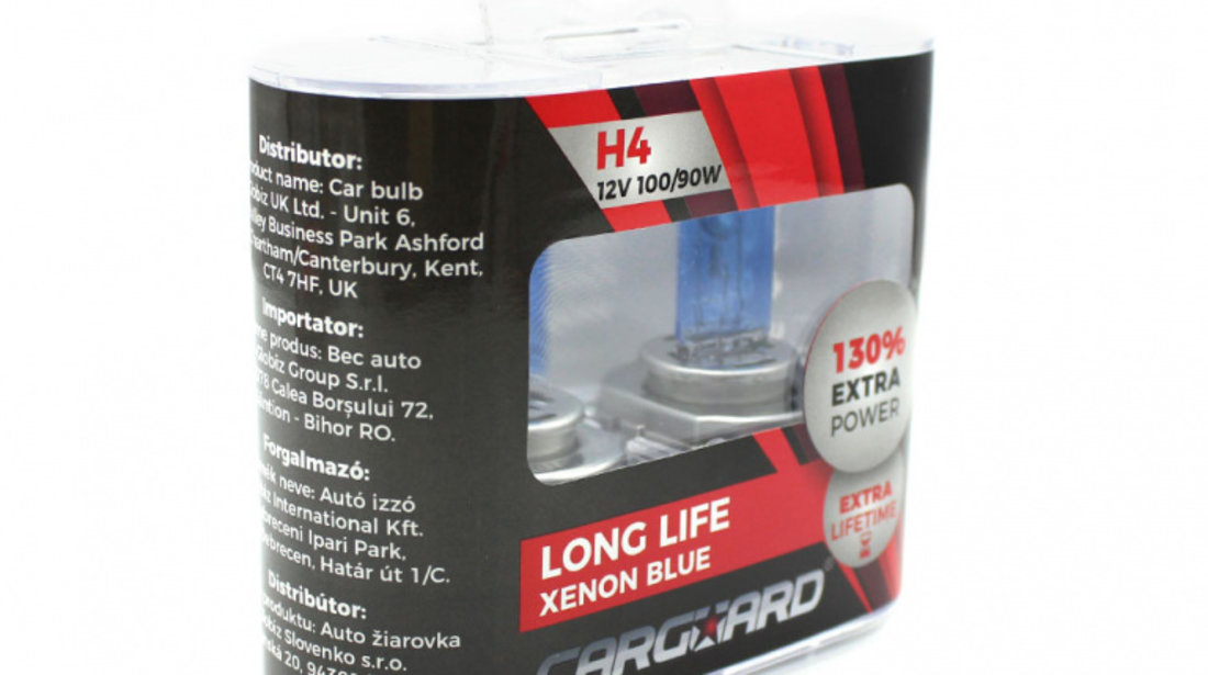 Set de 2 becuri Halogen H4, 100W +130% Intensitate - LONG LIFE - CARGUARD BHA033