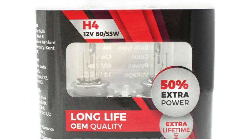 Set de 2 becuri Halogen H4, 55W, +50% Intensitate - LONG LIFE - CARGUARD BHA013