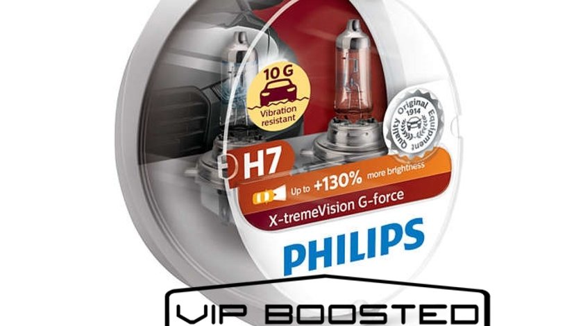 Set doua becuri halogen Philips H7 Xtreme Vision G-force +130% rezistent 10G, 12V