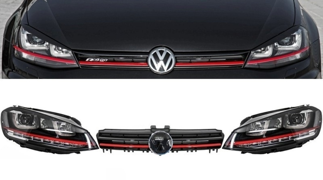 Set Faruri Dreapta + Stanga + Grila Am Volkswagen Golf 7 2012→ 3D LED R20 GTI Design