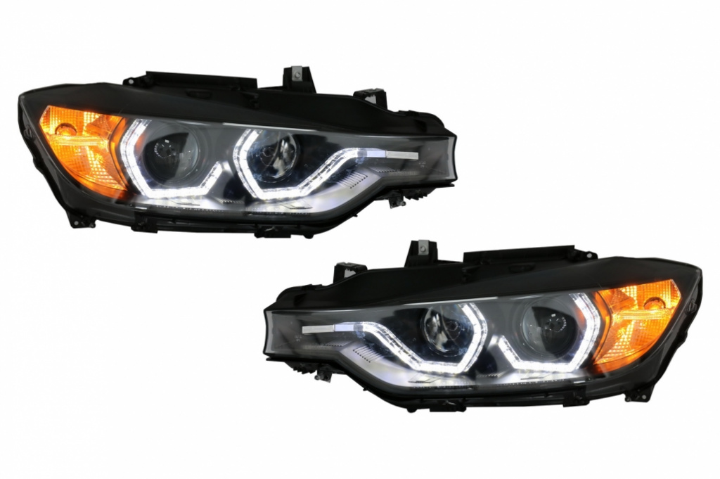 Set Faruri Full Angel Eyes Led Drl Compatibil Cu Bmw Seria 3 F30 / F31 2011-2015 Sedan / Touring Negre HLBMF30M3