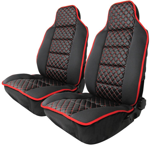 Set Huse Scaune Auto, Lux, Textil Si Piele Ecologica, Negru Cu Cusaturi Rosii, Model Fagure De Miere...