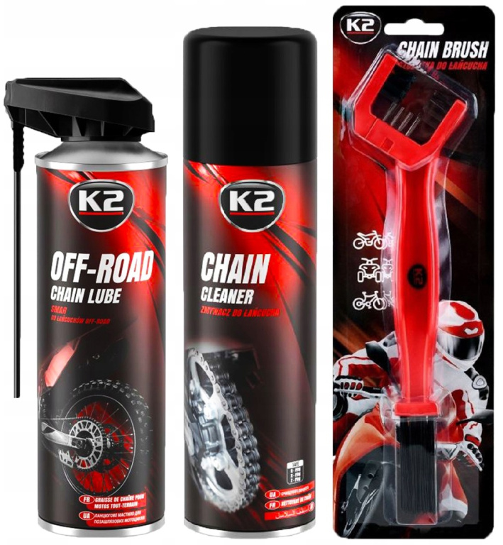Set K2 Spray Curatat Lant Chain Cleaner 500ML W148NM + K2 Spray Lubrifiant Lant Chain Lube Off Road 500ML W140NM + K2 Perie Curatat Lant W612