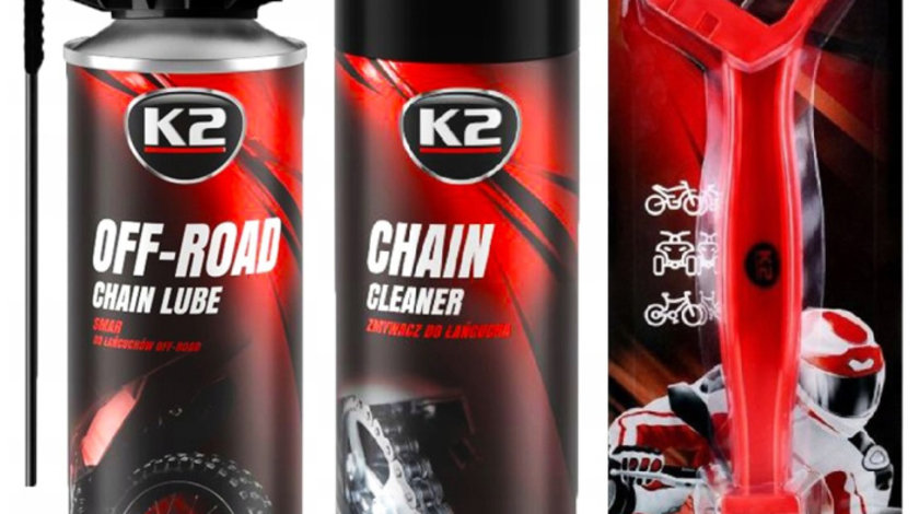 Set K2 Spray Curatat Lant Chain Cleaner 500ML W148NM + K2 Spray Lubrifiant Lant Chain Lube Off Road 500ML W140NM + K2 Perie Curatat Lant W612