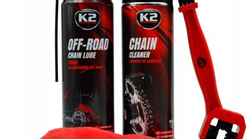 Set K2 Spray Curatat Lant Chain Cleaner 500ML W148NM + K2 Spray Lubrifiant Lant Chain Lube Off Road 500ML W140NM + K2 Perie Curatat Lant W612 + Sonax Laveta Pentru Suprafete Exterioare 40X40CM 416200