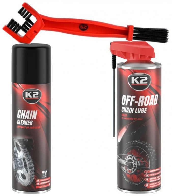 Set K2 Spray Curatat Lant Chain Cleaner 500ML W148NM + K2 Spray Lubrifiant Lant Chain Lube Off Road 500ML W140NM + K2 Perie Curatat Lant W612