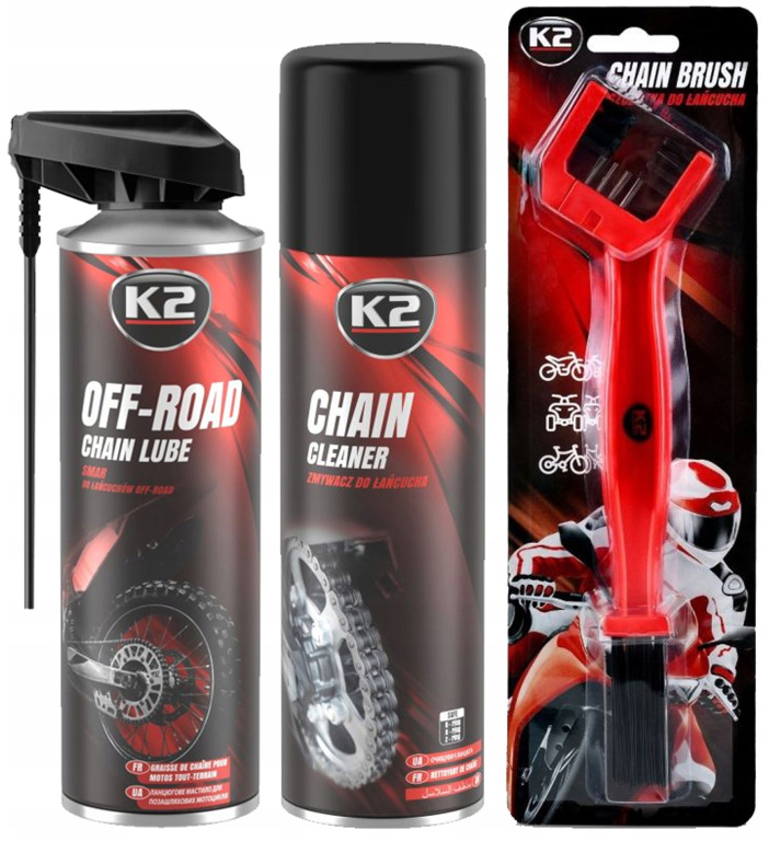 Set K2 Spray Curatat Lant Chain Cleaner 500ML W148NM + K2 Spray Lubrifiant Lant Chain Lube Off Road 500ML W140NM + K2 Perie Curatat Lant W612