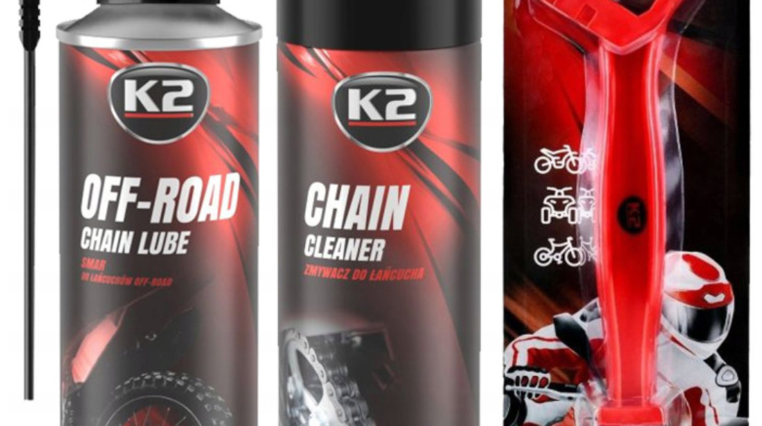 Set K2 Spray Curatat Lant Chain Cleaner 500ML W148NM + K2 Spray Lubrifiant Lant Chain Lube Off Road 500ML W140NM + K2 Perie Curatat Lant W612