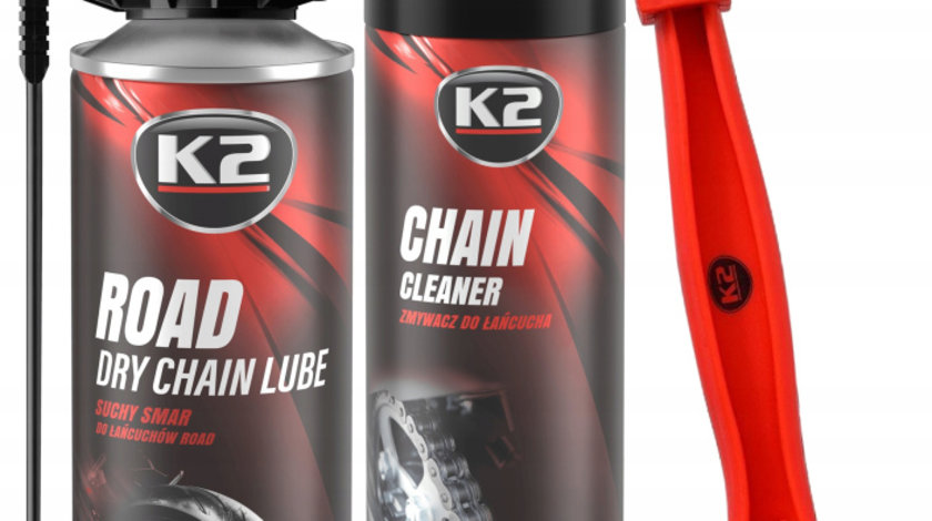 Set K2 Spray Curatat Lant Chain Cleaner 500ML W148NM + K2 Spray Lubrifiant Lant Road Dry Chain Lube 400ML K2-01635 + K2 Perie Curatat Lant W612