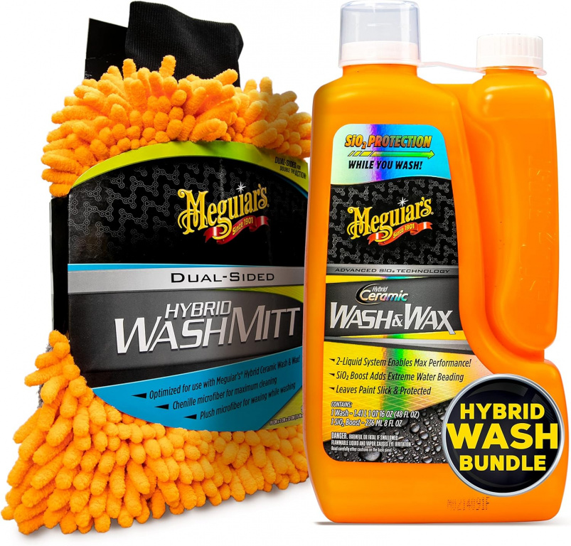 Set Meguiar's Hybrid Ceramic Wash &amp; Wax Sampon Auto Cu Ceara 1.66L G210256 + Meguiar's Dual - Sided Hybrid Wash Mitt Manusa Microfibre Spalare Auto Cu 2 Fete X210200