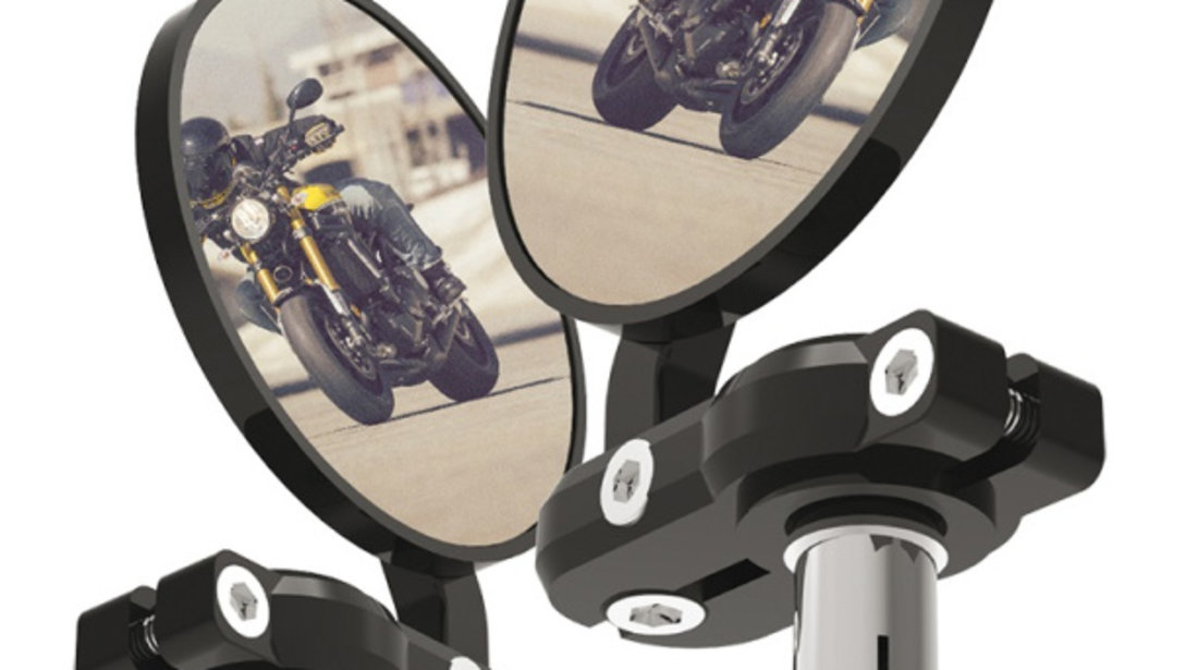 Set Oglinzi Retrovizoare Moto Dreapta + Stanga Capete Ghidon Oxford Bar End Mirrors Black Negru OX577