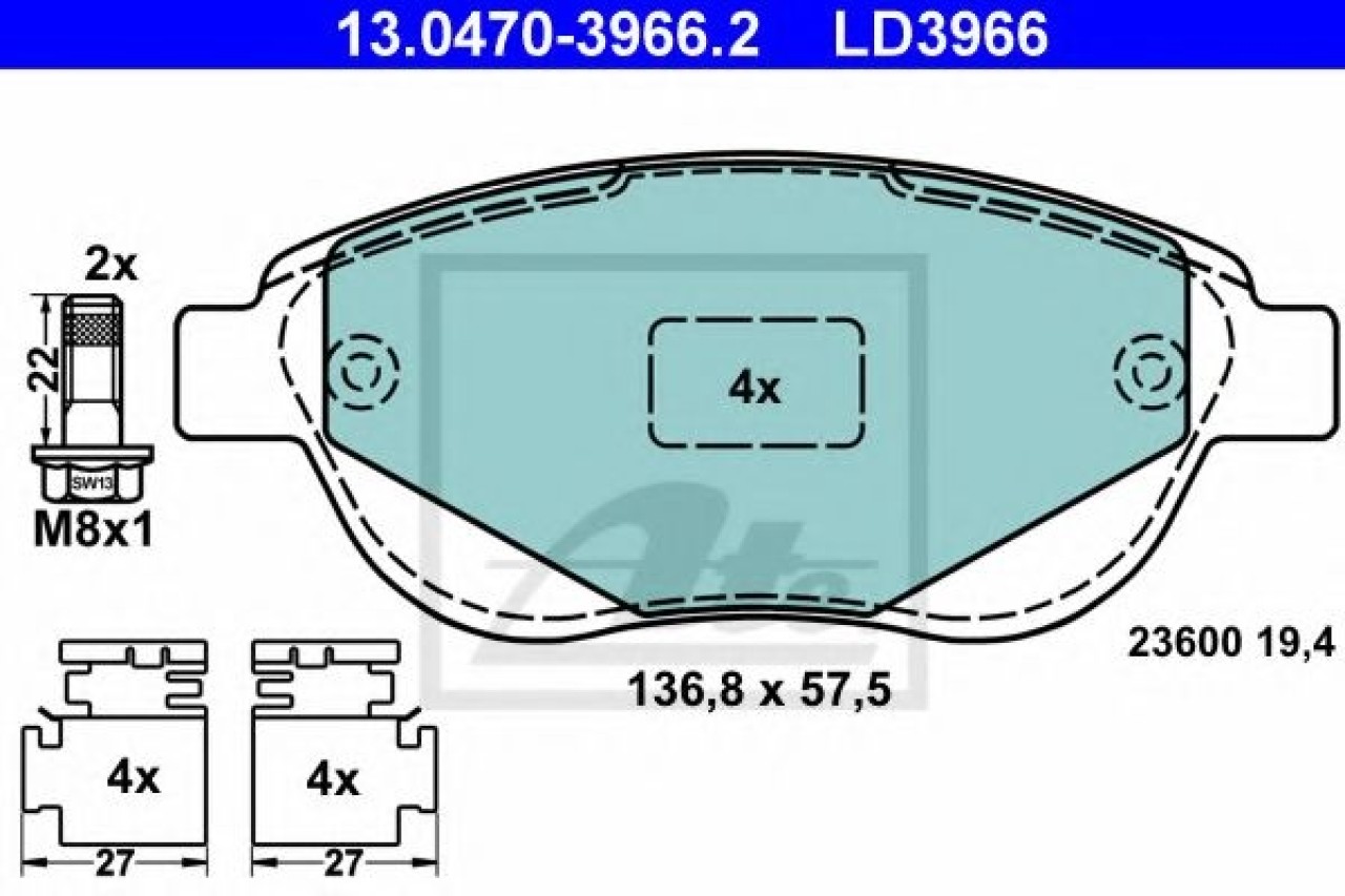 Set placute frana,frana disc PEUGEOT 307 CC (3B) (2003 - 2016) ATE 13.0470-3966.2 piesa NOUA