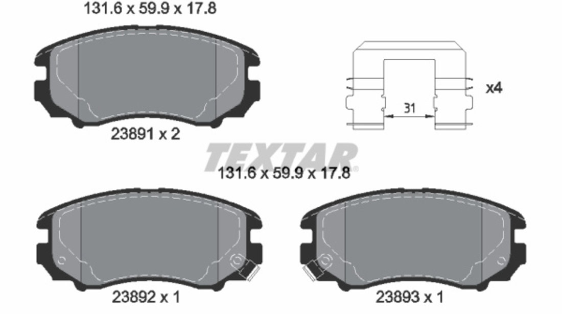 Set placute frana,frana disc punte fata (2389105 TEXTAR) BAIC,BAIC BJEV,CHANA,CHANGAN,FENGON,FOTON GRATOUR,HYUNDAI,HYUNDAI (BEIJING),KIA,KIA (DYK),LANDWIND (JMC),LIFAN,SWM MOTORS,TRAUM