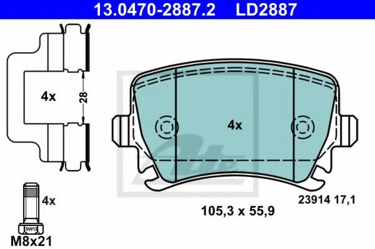 Set placute frana,frana disc VW CC (358) (2011 - 2016) ATE 13.0470-2887.2 piesa NOUA