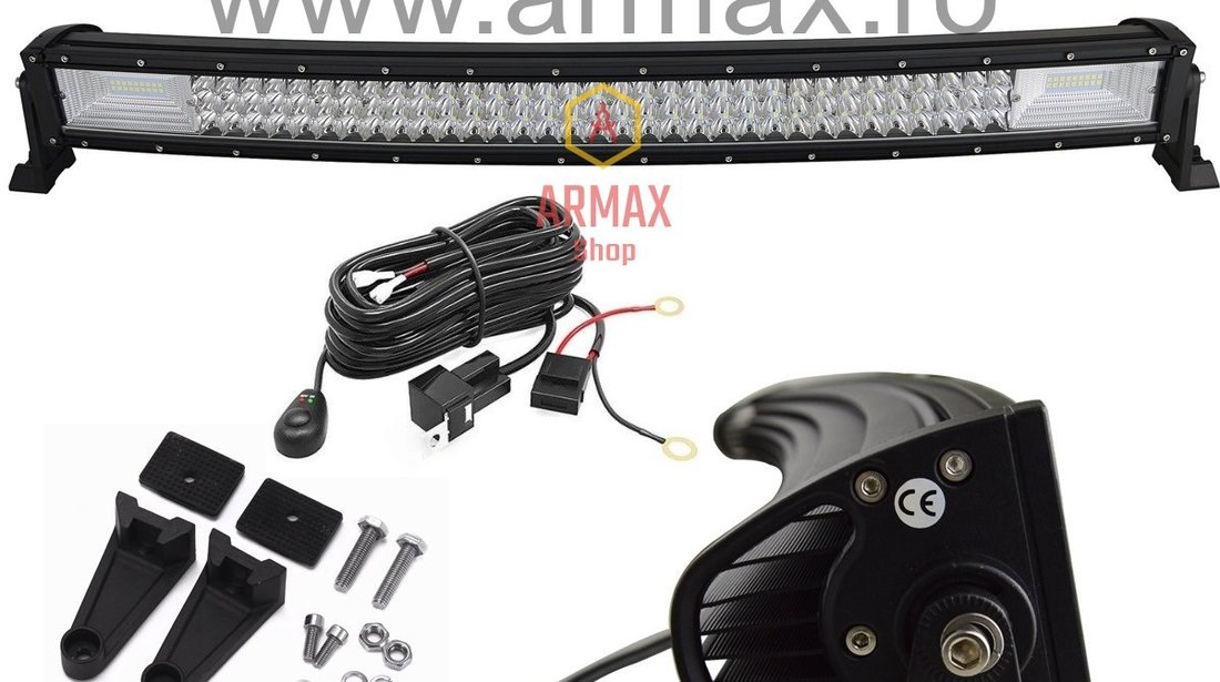 Set proiector led bar curbat offroad 405w 86 Cm + kit cablaj cu releu si buton