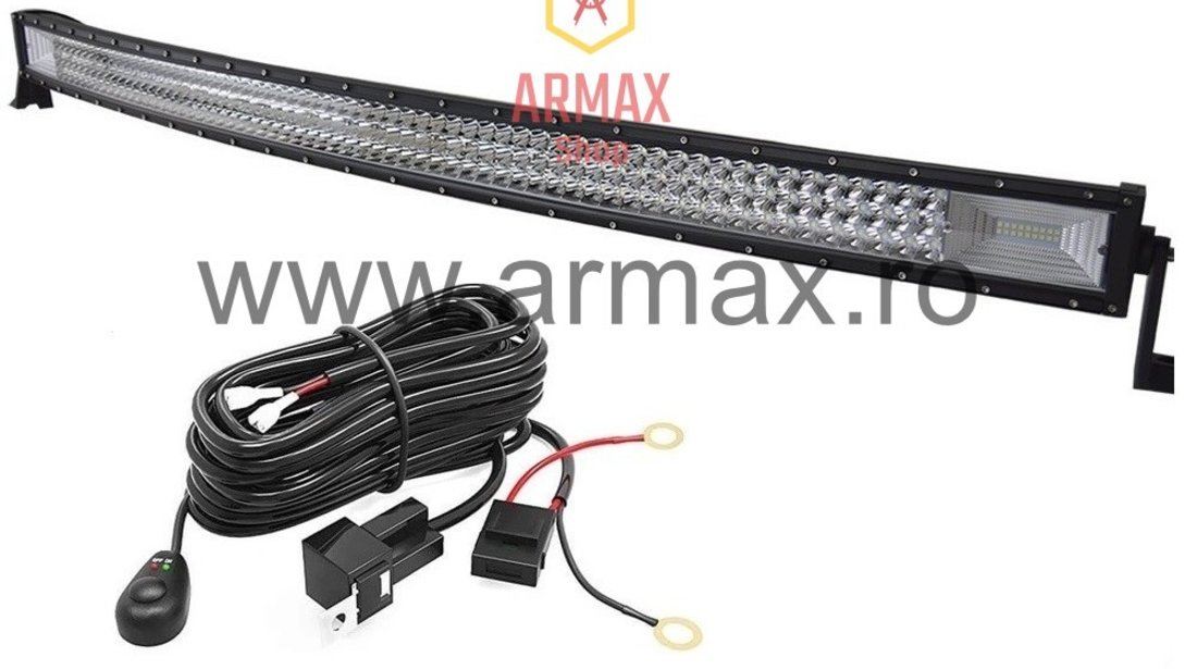 Set proiector led bar curbat offroad tir camion 132 cm 675w + kit cablaj cu releu si buton