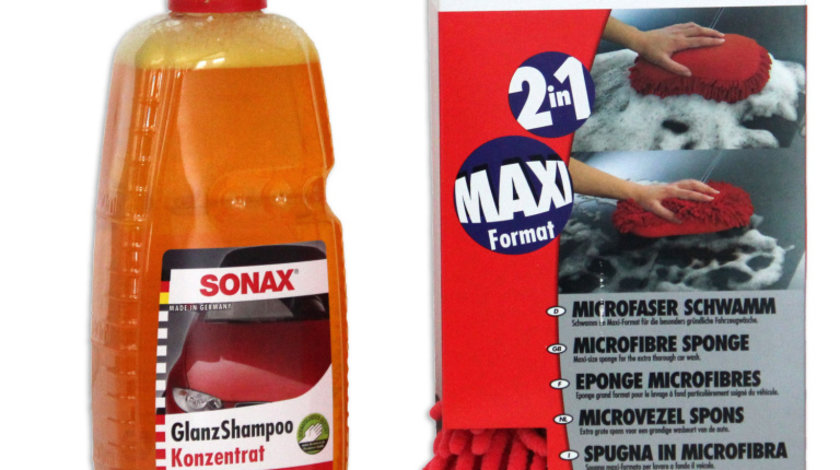 Set Sonax Sampon Auto Concentrat Pentru Luciu 1L 314300 + Sonax Burete Din Microfibre Pentru Spălat 428100