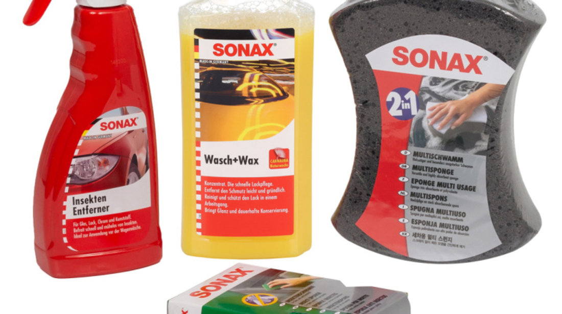 Set Sonax Sampon Cu Ceara 500ML 313200 + Solutie Inlaturare Insecte 500ML 533200 + Burete Inlaturare Insecte Verde 427141 + Sonax Burete Spalare Auto 2 in 1 428000