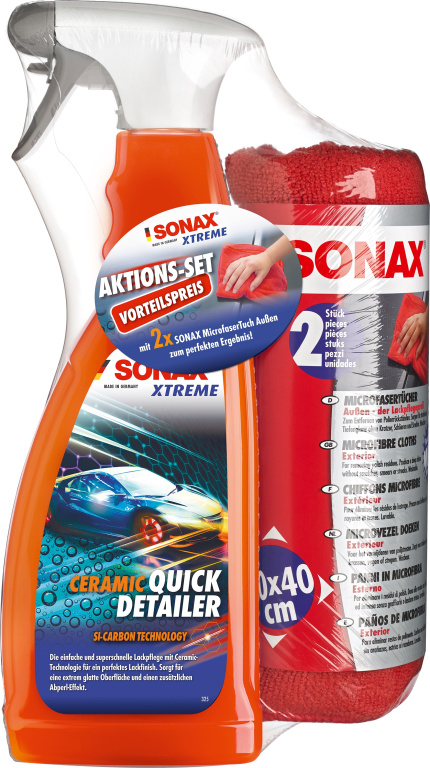 Set Sonax Xtreme Ceramic Quick Detailer Solutie Detailing Rapid Ceramica 750ML 268400 + Sonax Set 2 Buc Laveta Microfibra Curatare Exterioara 416241