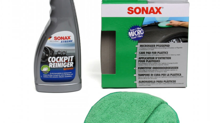 Set Sonax Xtreme Cockpit Cleaner Matt Finish Solutie Curatat Bord Efect Mat 500ML 283241 + Sonax Burete Curatat Plastic Interior 417200