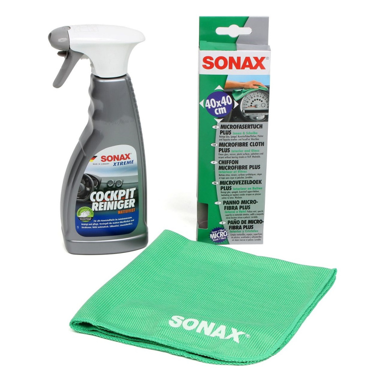 Set Sonax Xtreme Cockpit Cleaner Matt Finish Solutie Curatat Bord Efect Mat 500ML 283241 + Sonax Laveta Microfibra Suprafete Interioare Si Sticla 40X40CM 416500