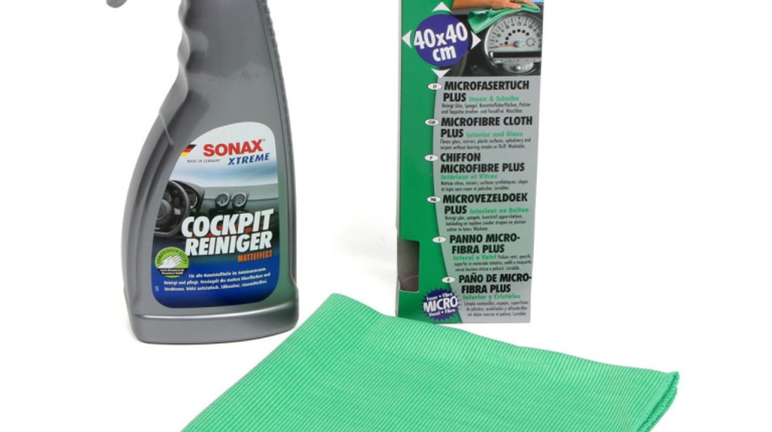 Set Sonax Xtreme Cockpit Cleaner Matt Finish Solutie Curatat Bord Efect Mat 500ML 283241 + Sonax Laveta Microfibra Suprafete Interioare Si Sticla 40X40CM 416500