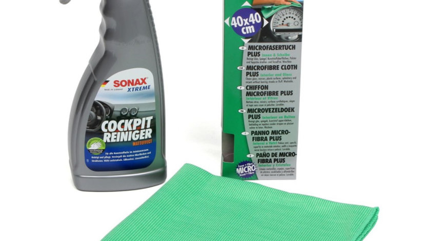 Set Sonax Xtreme Cockpit Cleaner Matt Finish Solutie Curatat Bord Efect Mat 500ML 283241 + Sonax Laveta Microfibra Suprafete Interioare Si Sticla 40X40CM 416500