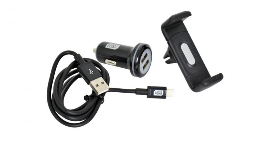 Set suport auto telefon cu incarcator bricheta Fast Charge cu 2 iesiri USB si cablu cu cablu conector hybrid MicroUSB MFi Dock 8pin, Carpoint Kft Auto