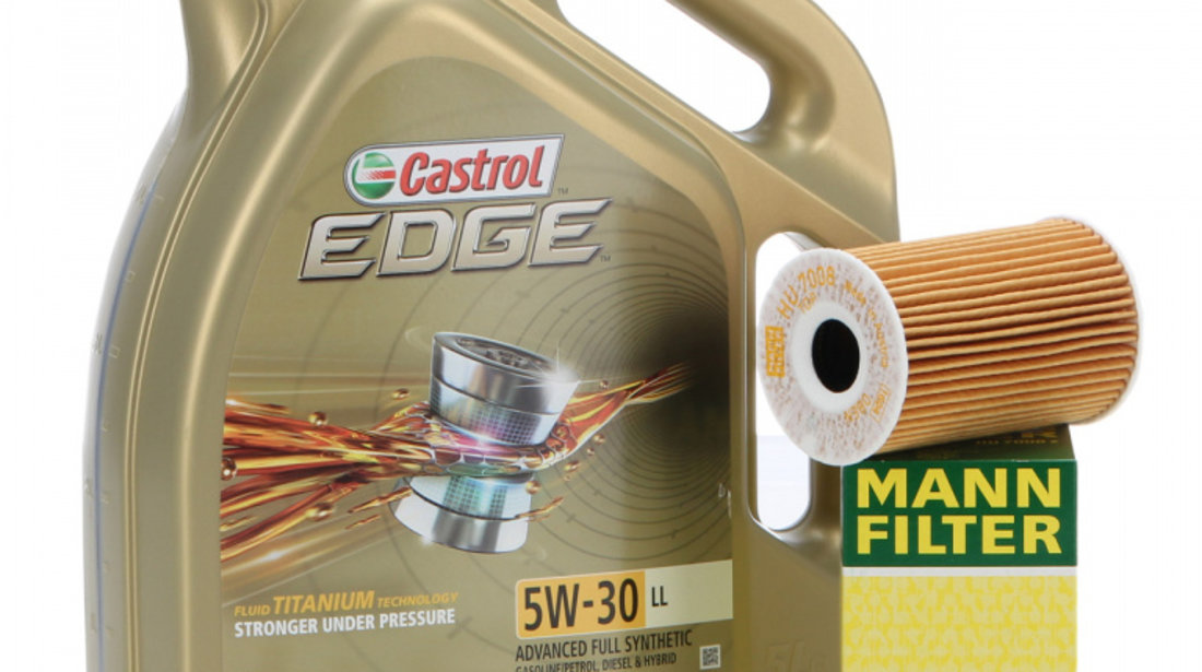 Set Ulei Motor Castrol Edge LL 5W-30 5L + Filtru Ulei Mann Filter HU7008Z + Buson Golire Baie Ulei Oe Skoda Fabia 2 2006-2014 N90813202