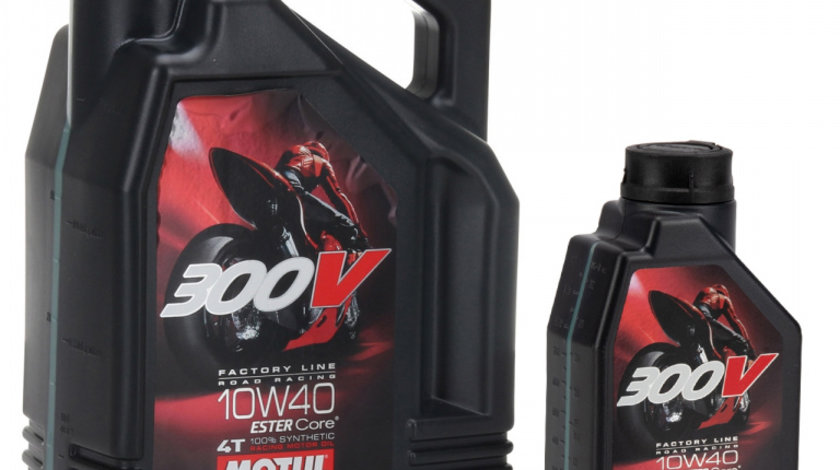 Set Ulei Motor Motul 300V Factory Line 4T 10W-40 4L 104121 + Ulei Motor Motul 300V Factory Line 4T 10W-40 1L 104118