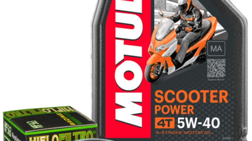 Set Ulei Motor Motul 4T Scooter Power 5W-40 1L 105958 + Filtru Ulei Moto / Scuter Hiflofiltro Aprilia HF563