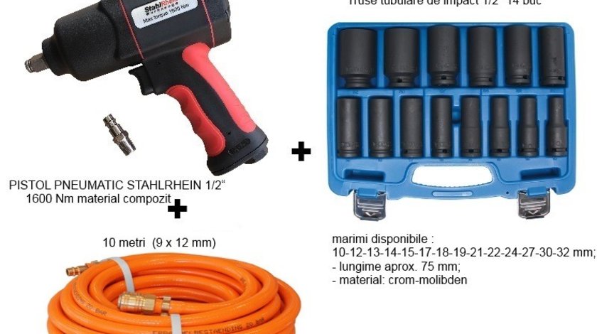 Set vulcanizare: pistol 1/2"1600 NM +tr tubulare 10-32mm + furtun 10 M