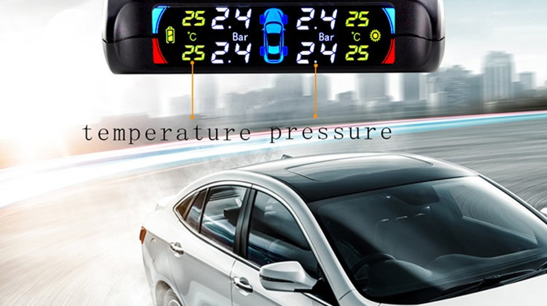 Sistem 4 Senzori Monitorizare Presiune Pneuri TPMS Cu LCD Si Incarcare Solara P802-E 560560