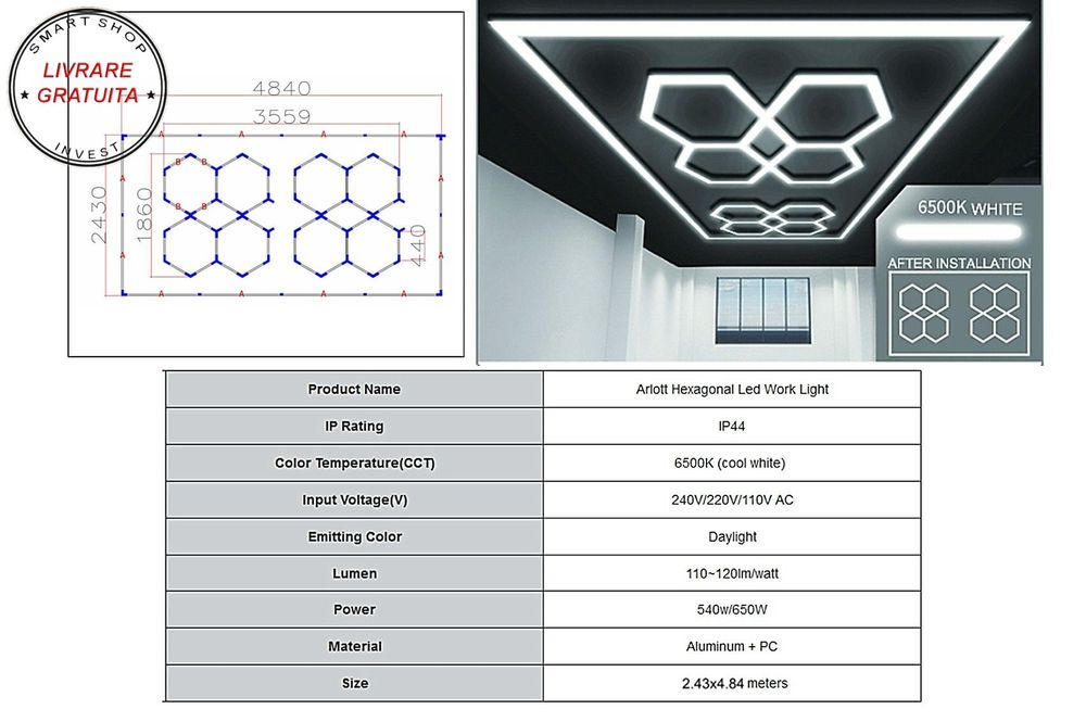 Sistem de Iluminare Plafon Hexagon / HoneyComb 3.56 x 1.86 m- livrare gratuita